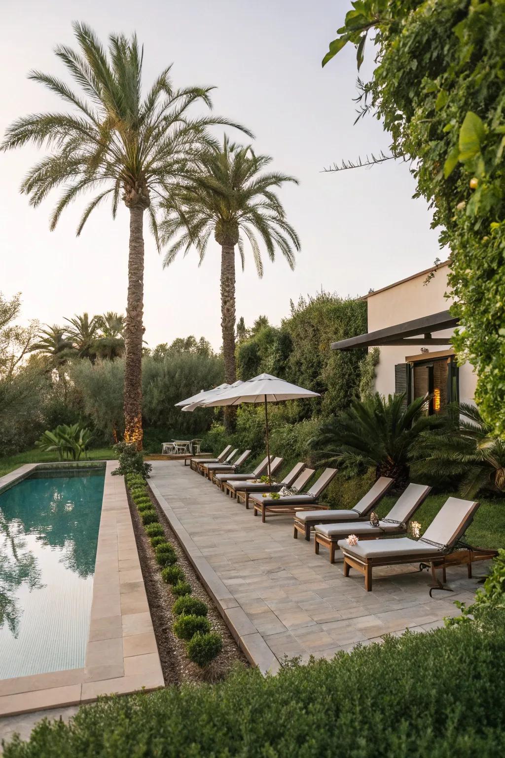 Luxurious lounging area by a pristine lap pool.