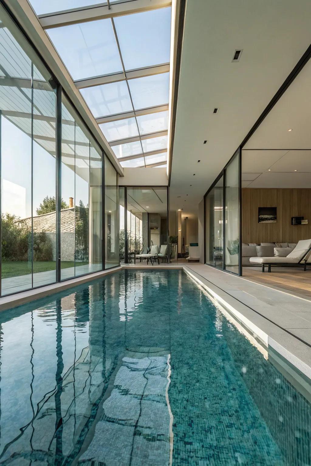 A glass-walled lap pool offering a luxurious and modern aesthetic.