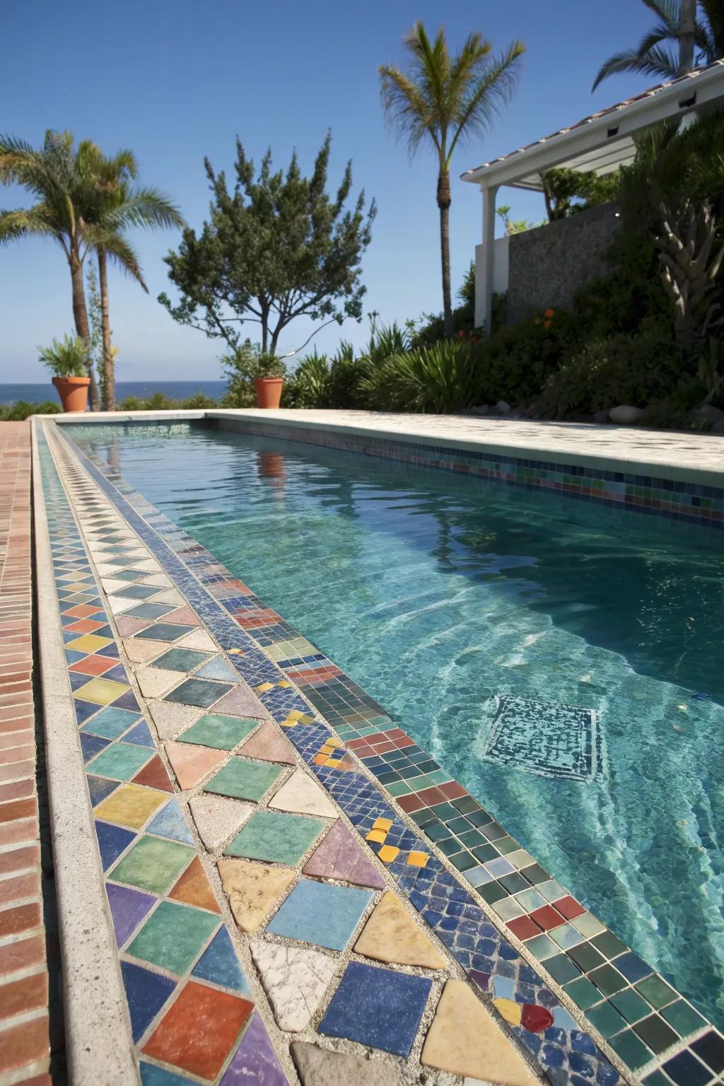 A lap pool adorned with artistic mosaic tiles for a unique touch.