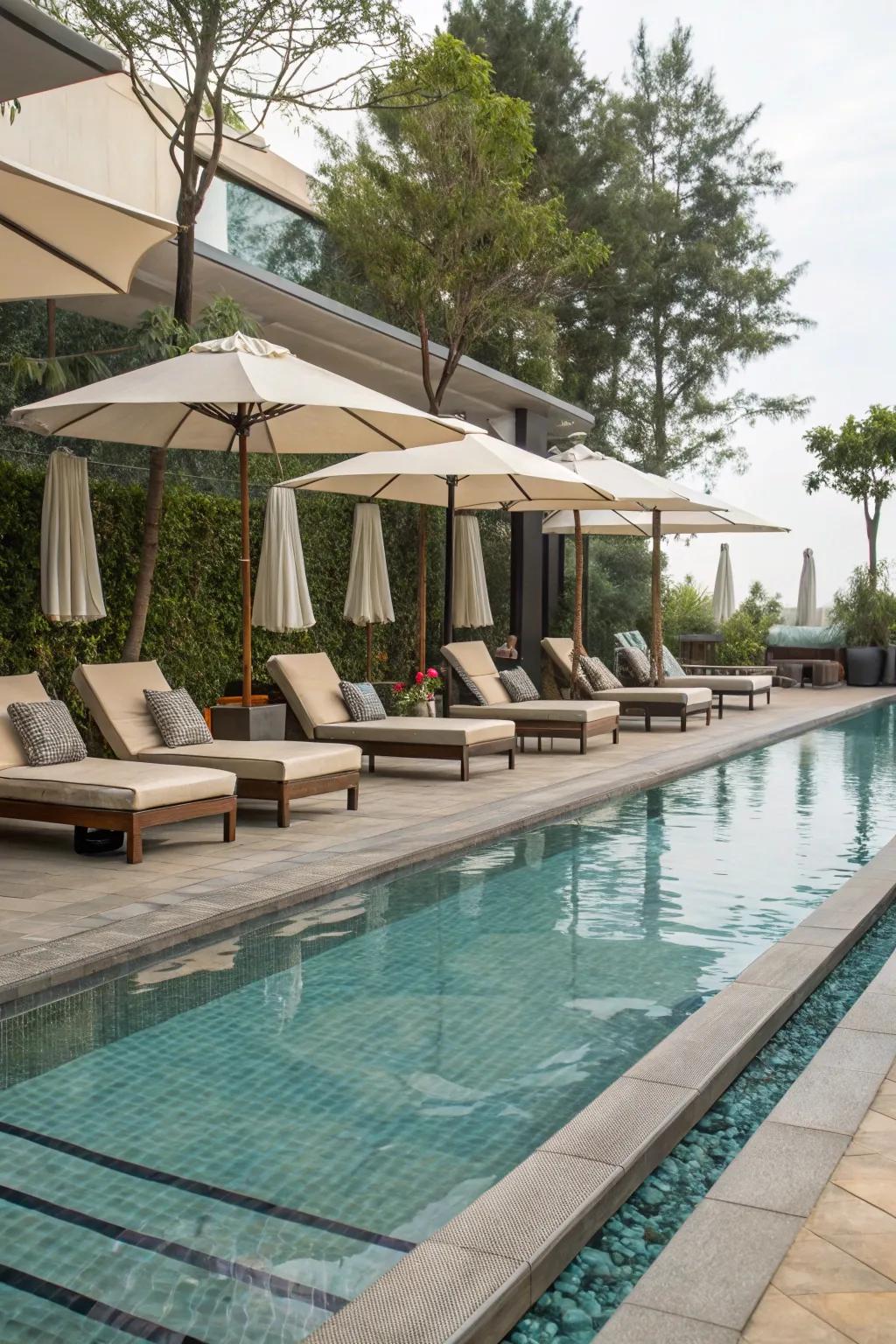 A lap pool with convenient swim-up seating for social gatherings.