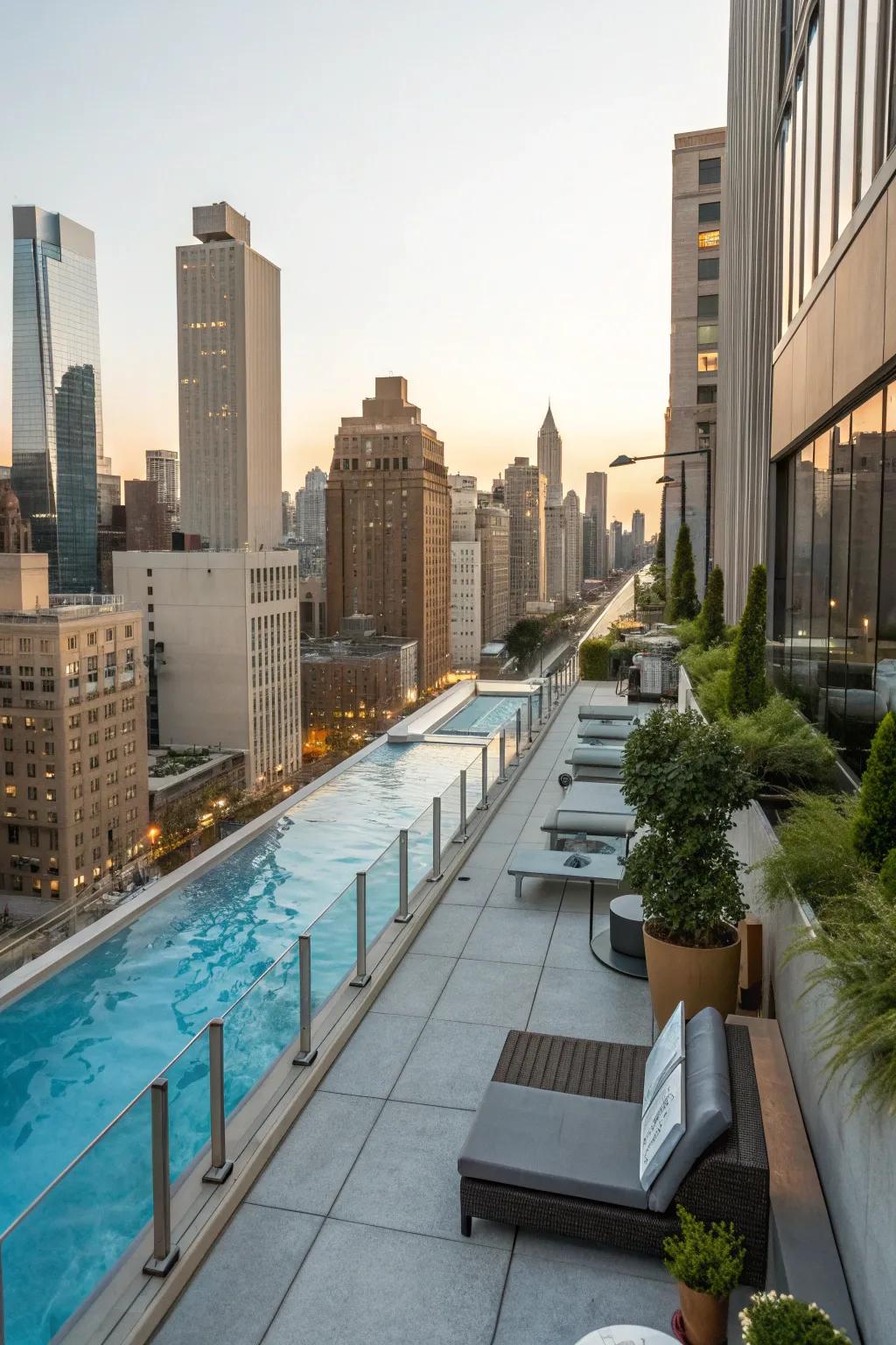 A rooftop lap pool offering a stunning city view.