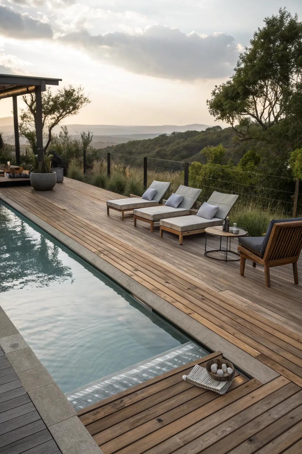 A lap pool complemented by chic wooden decking.