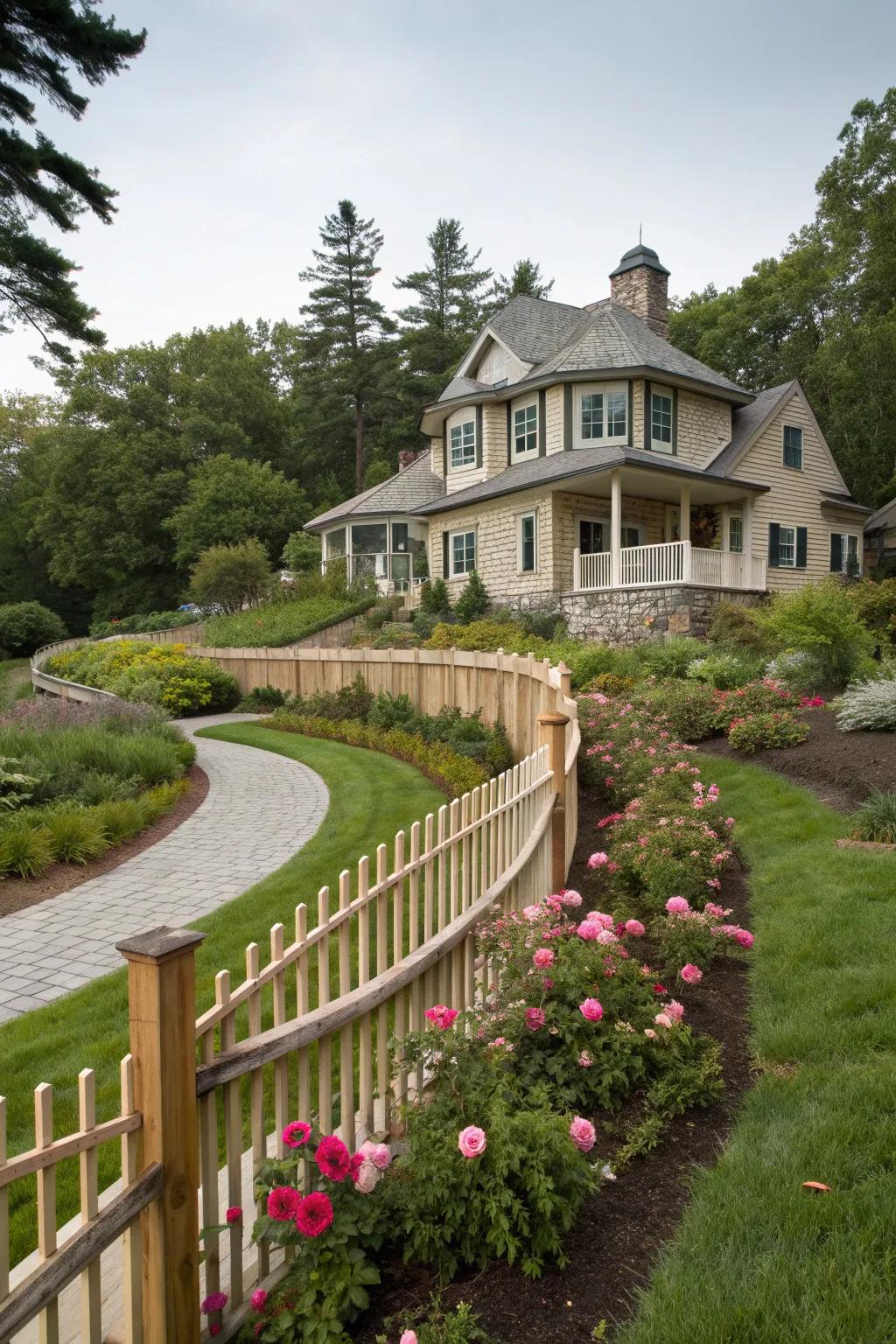 Create a welcoming ambiance with a curved fence design.