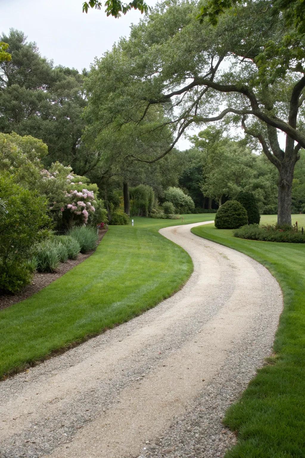 A harmonious blend of grass and gravel for a natural driveway look