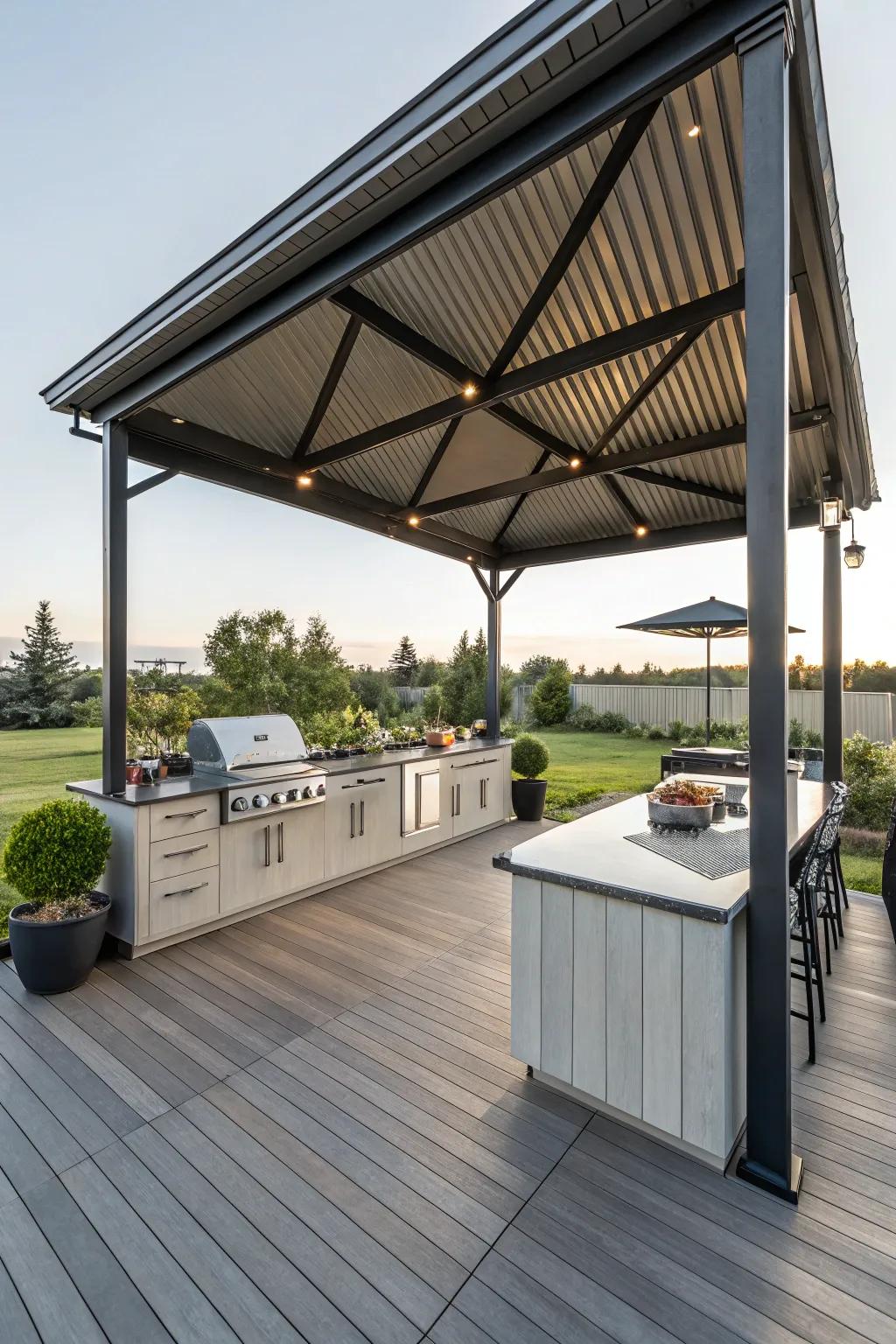 A modern pavilion with a metal roof adds a sleek touch to your grilling space.