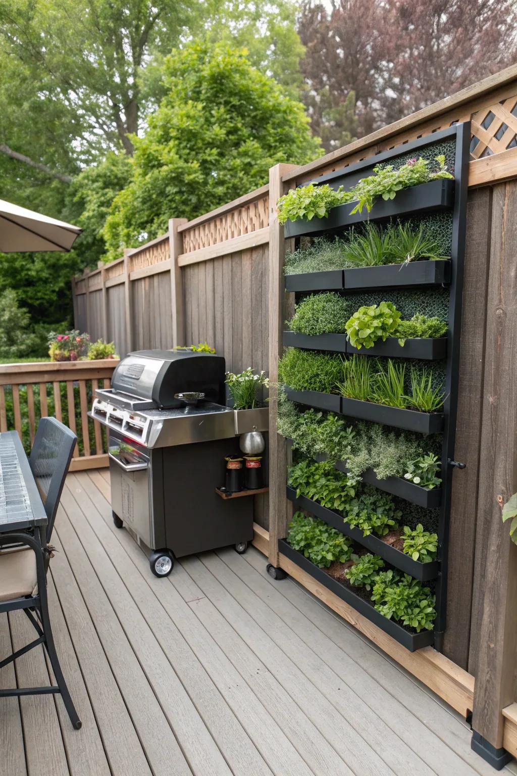 Enhance your grilling with fresh herbs from a vertical garden wall.