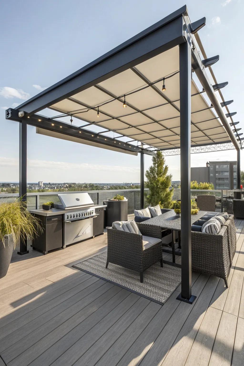 A pergola with a retractable canopy offers flexibility and style.