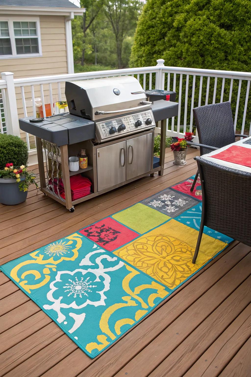 Colorful rugs add personality and comfort to your grilling area.