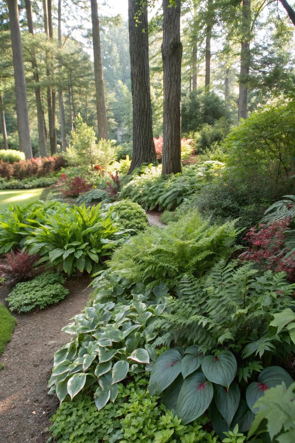 Craft a serene woodland retreat with nandina and lush greenery.