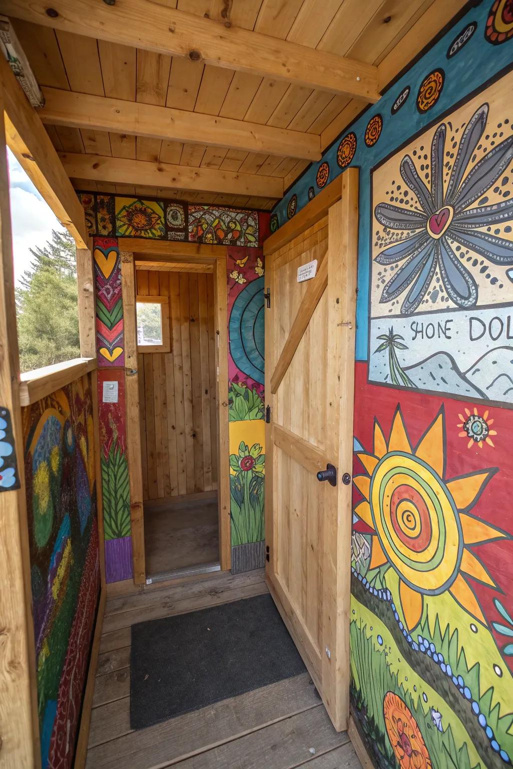 Art walls turn the outhouse into a mini gallery.