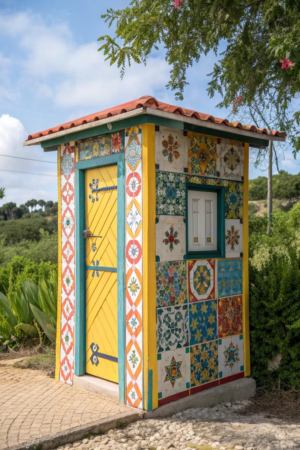 Bright colors and patterns bring life to an outhouse.