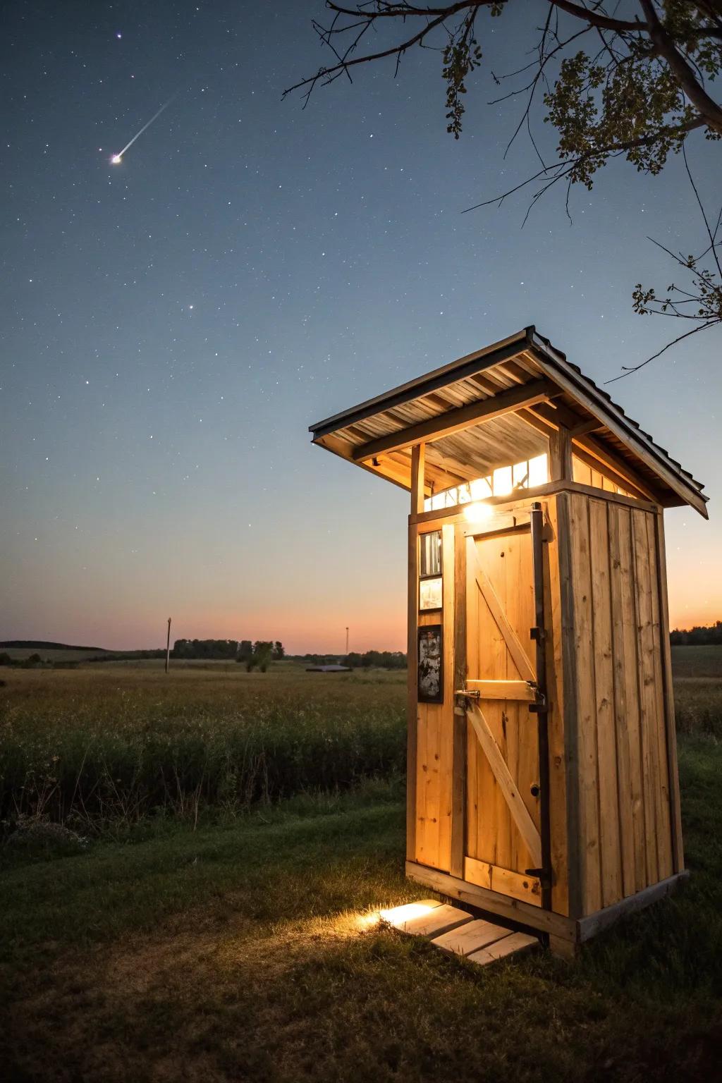 Solar-powered lights add a warm, sustainable glow.