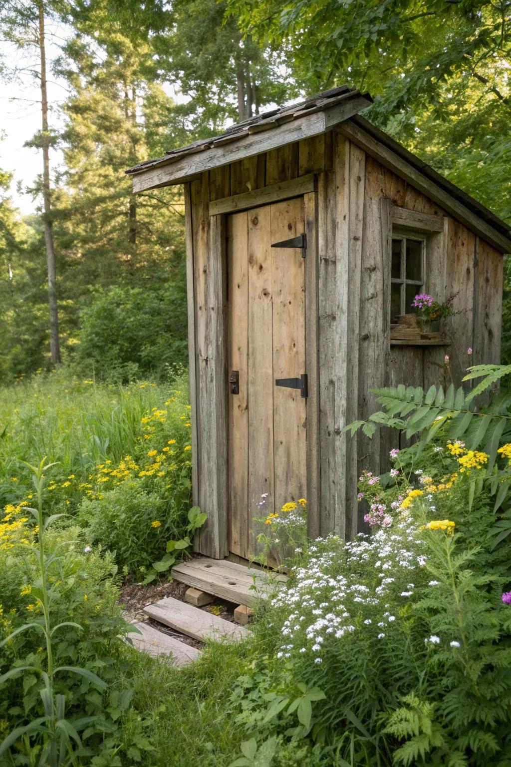 A rustic-themed outhouse blends seamlessly with natural surroundings.