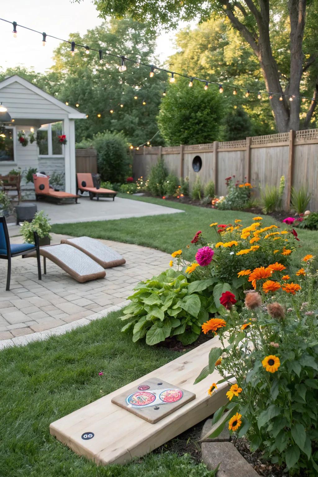 A playful garden feature adding charm to the cornhole area