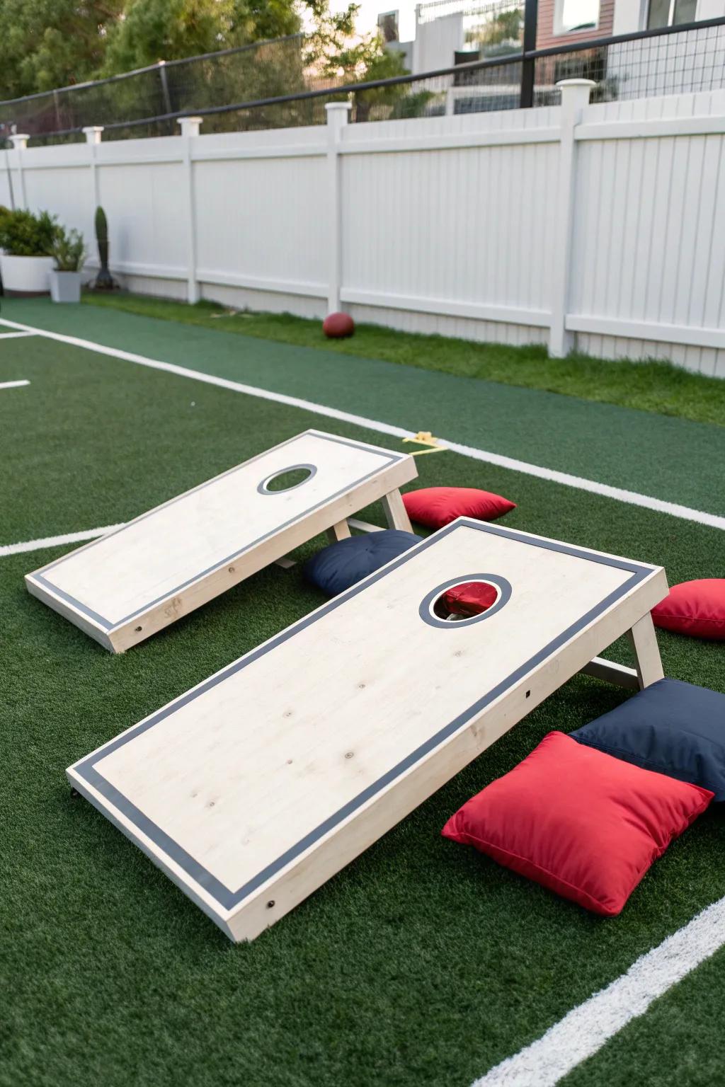A sleek artificial turf setup for a clean cornhole experience