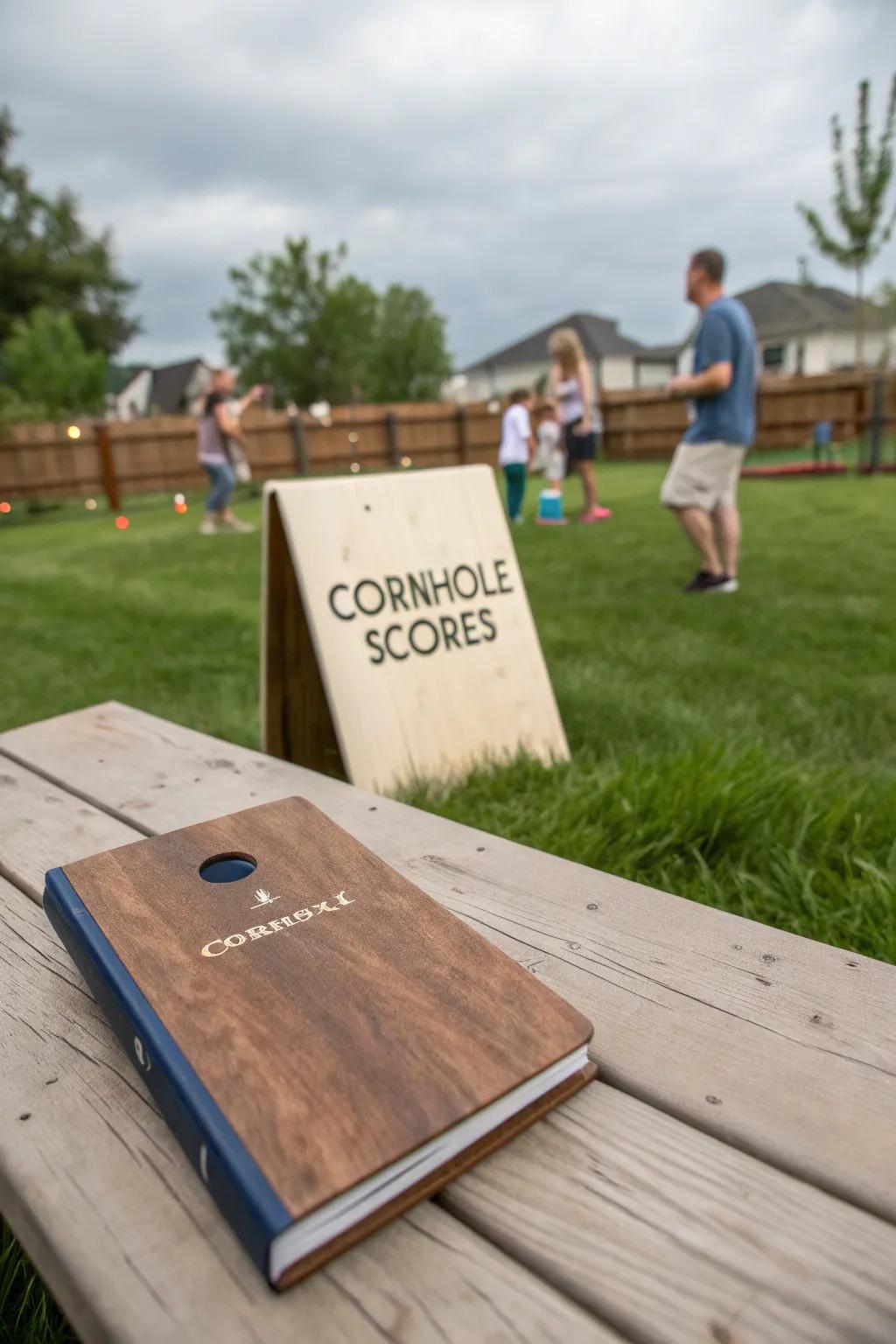 A custom scorekeeping book for tracking cornhole victories