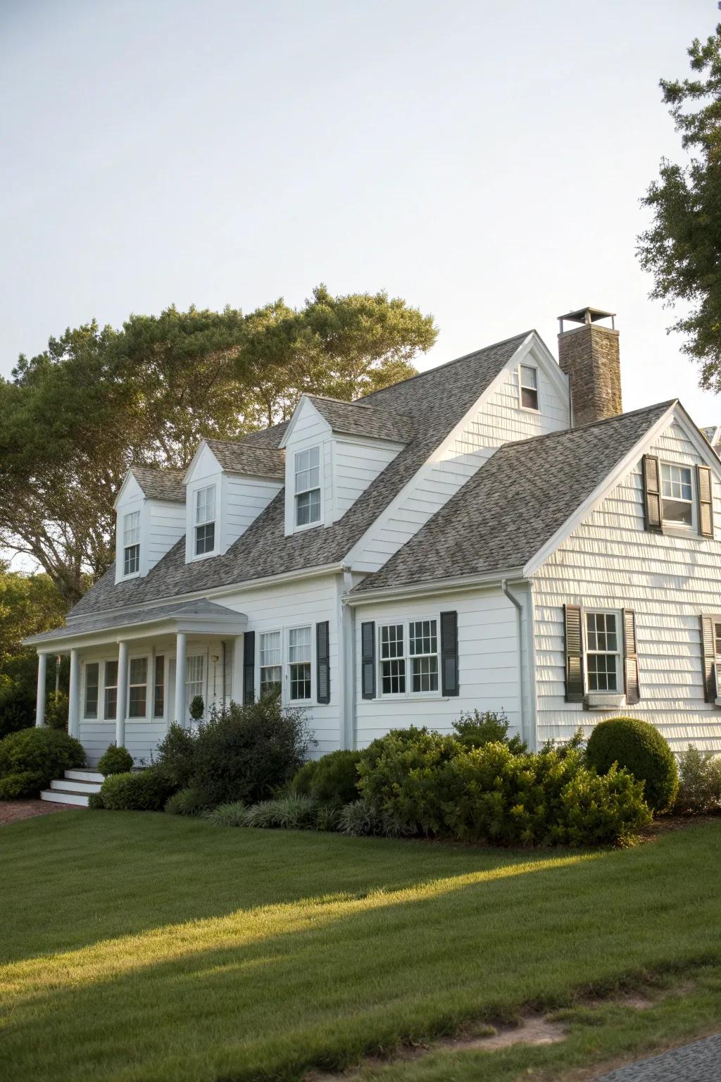 Classic Cape Cod architecture with pitched roofs and dormer windows.