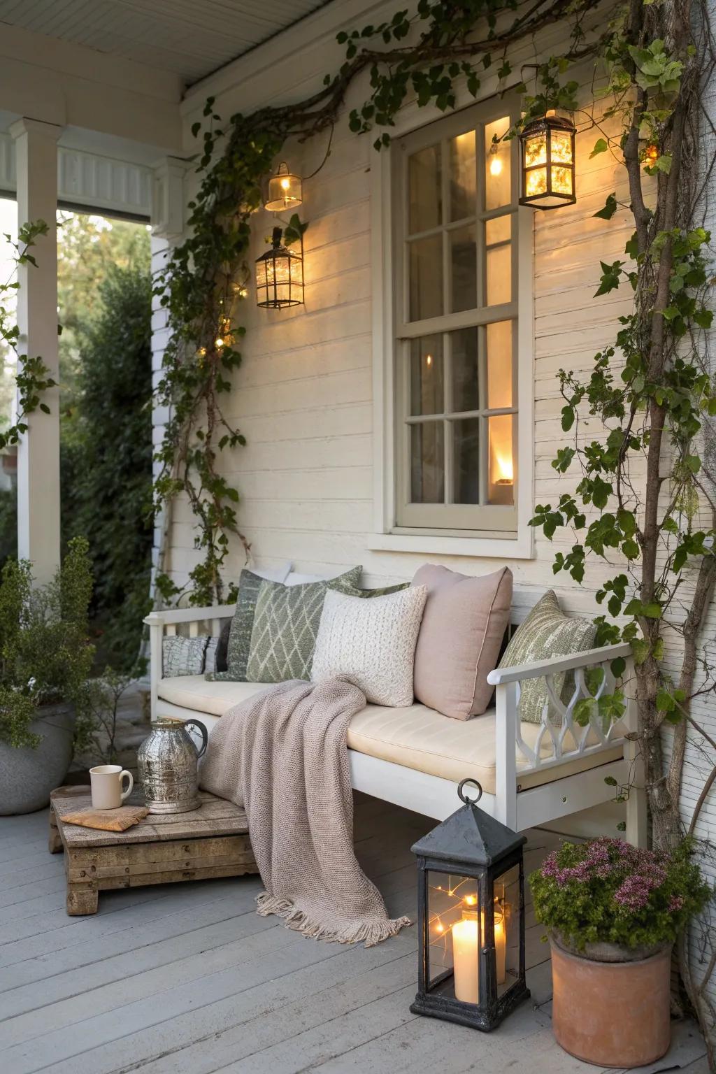 A cozy seating area turns this porch into a relaxing retreat.