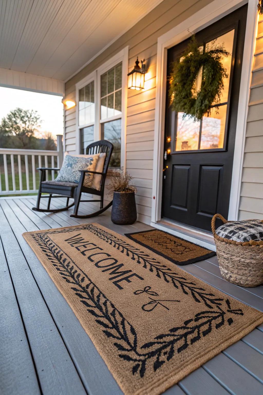 Rugs and mats add warmth and texture to this inviting porch.