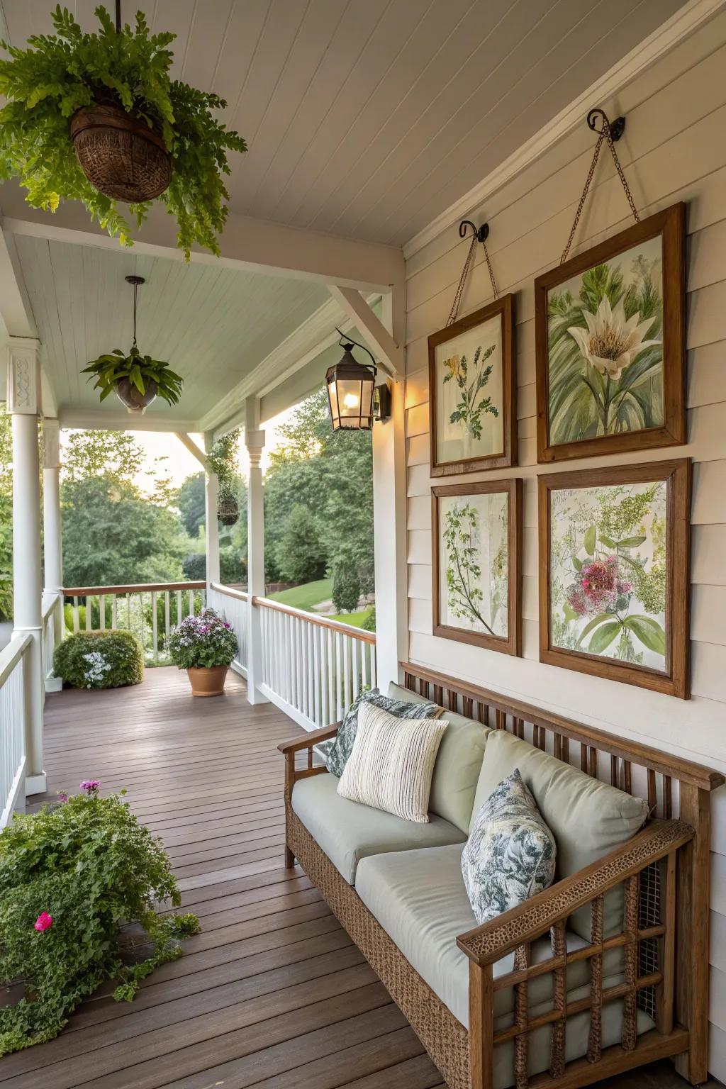 Nature-inspired art creates a serene and organic feel on this porch.