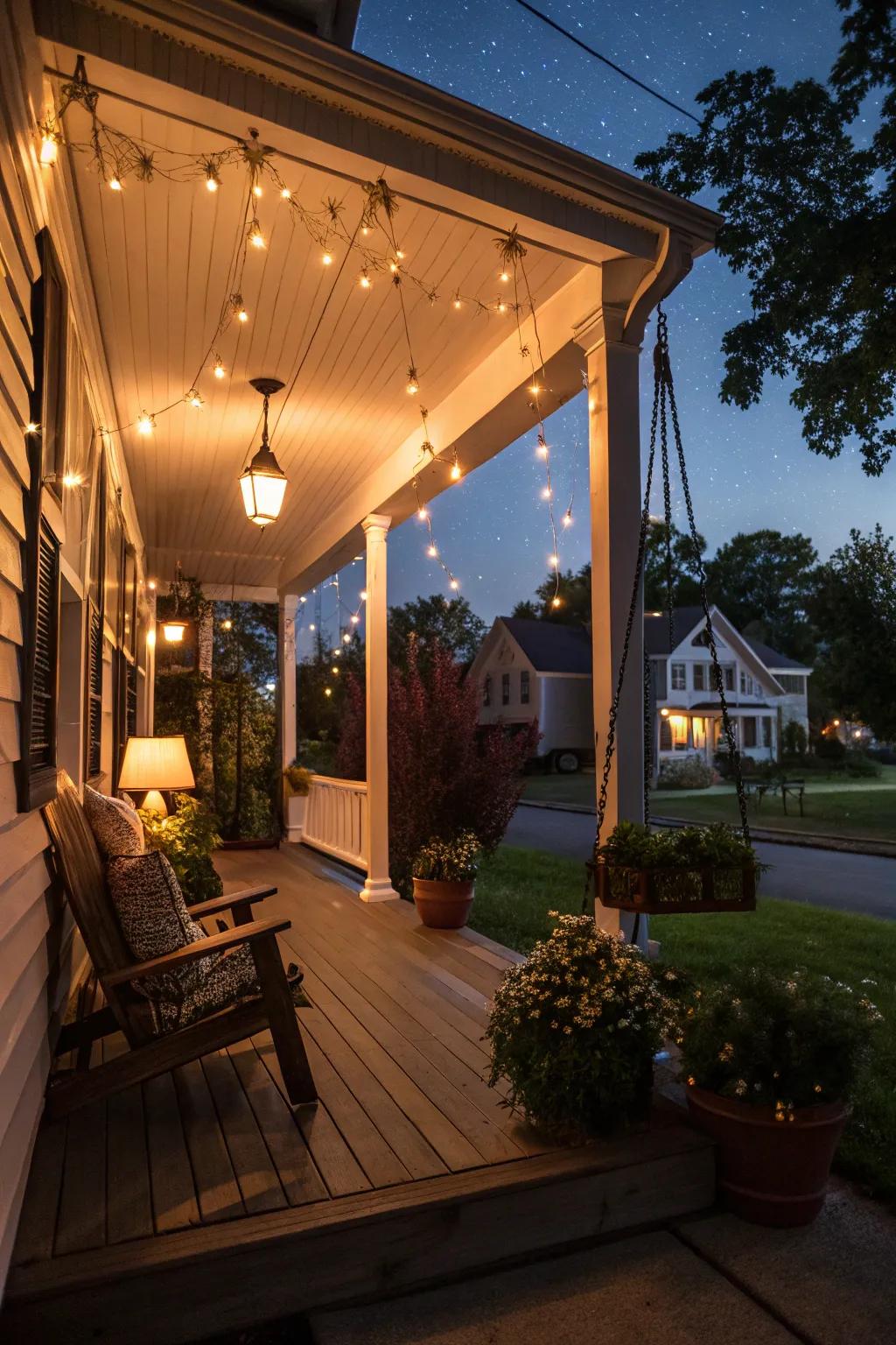 Charming lighting transforms this porch into a cozy evening retreat.