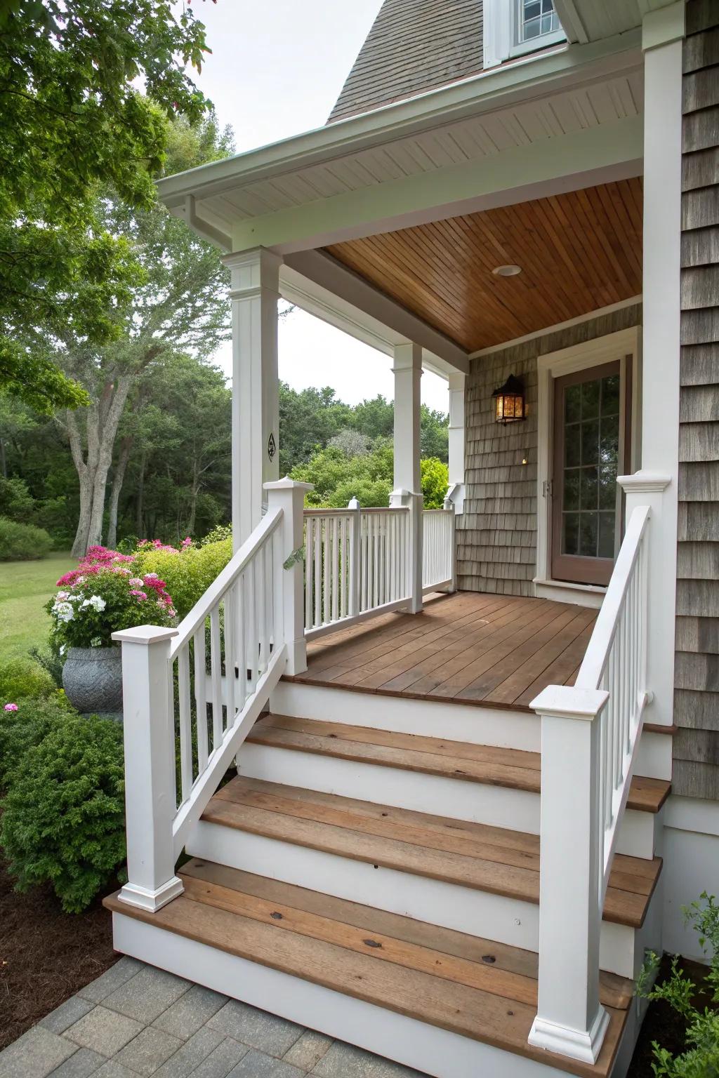 Charming front steps with railings enhance the Cape Cod style.