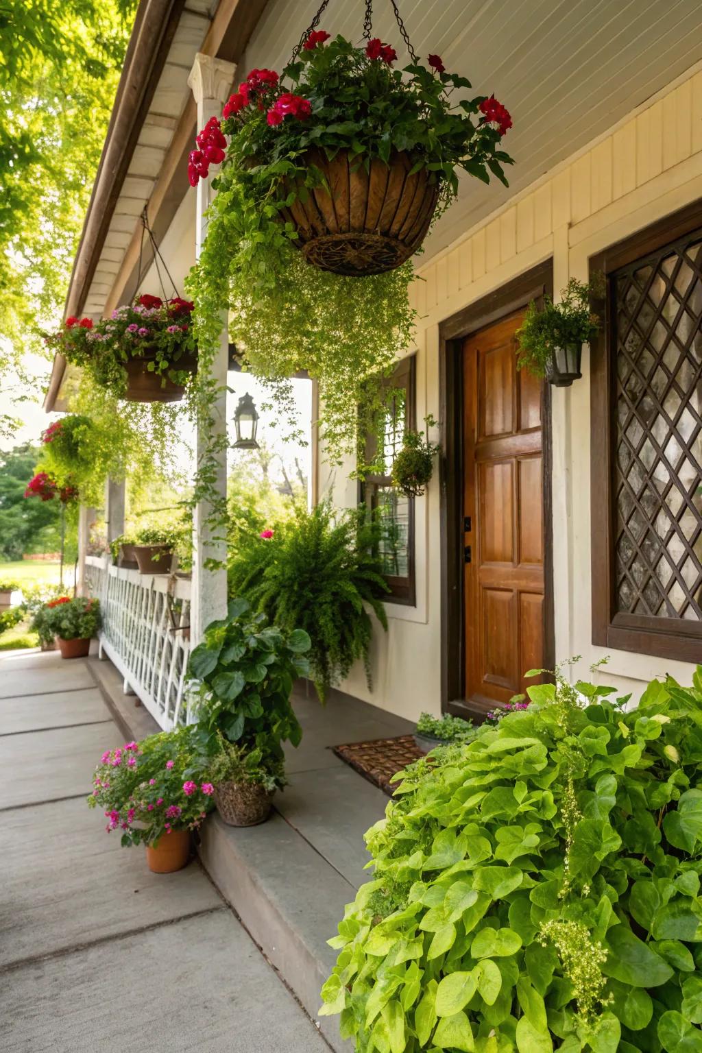 Lush greenery adds life and color to this cozy porch.