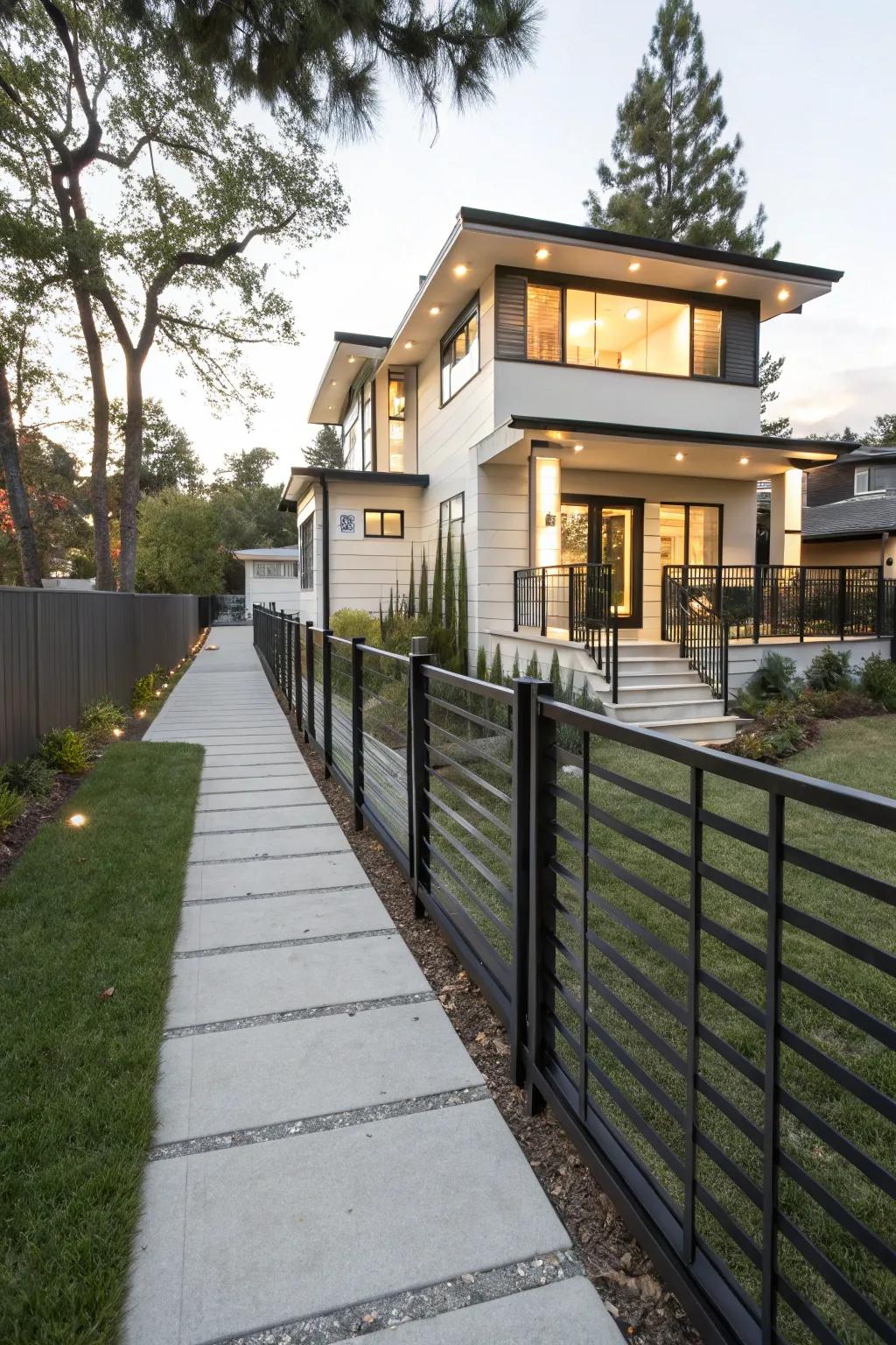 A contemporary fence framing a split-level home, enhancing privacy and style.