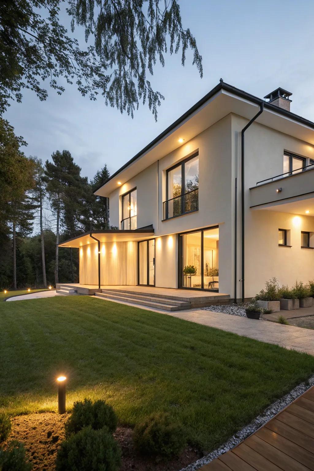 Contemporary lighting illuminating the exterior of a split-level home.