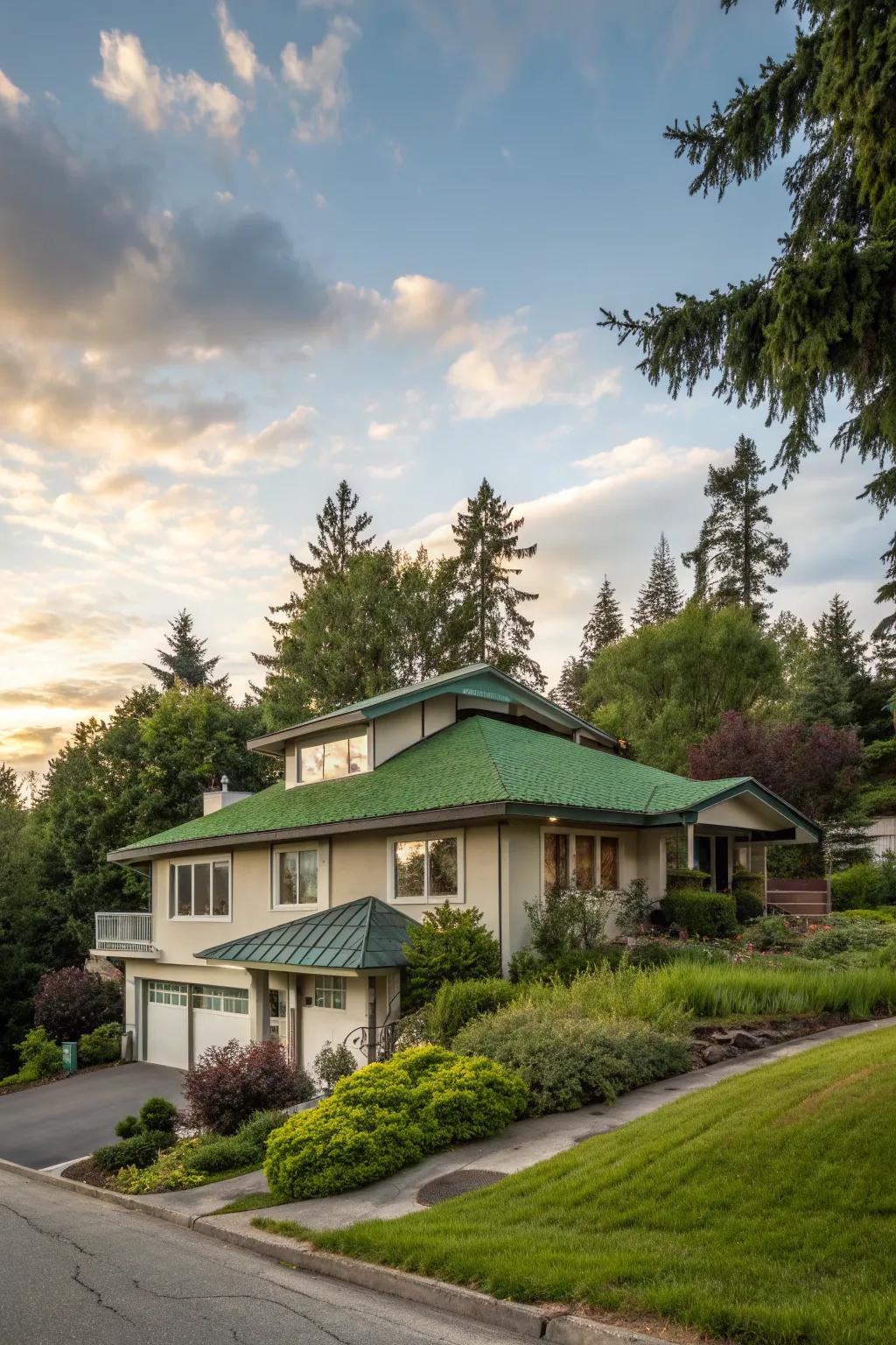 A stunning green roof atop a split-level home, blending nature with modern design.