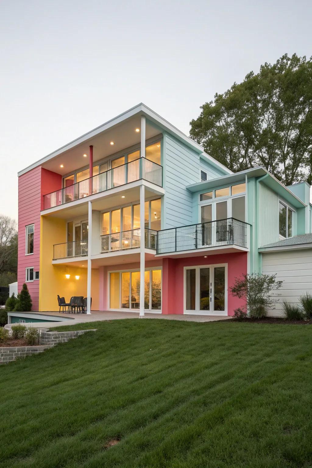 A split-level home with eye-catching color blocking for added dimension.