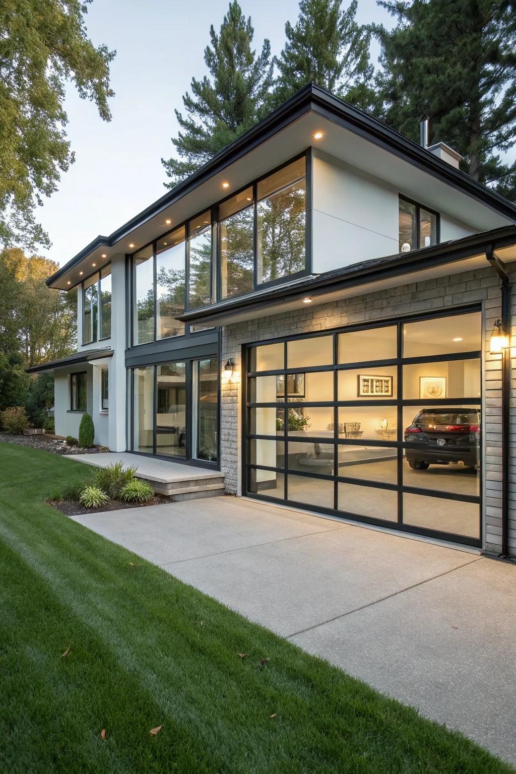 A split-level home featuring a distinctive glass-paneled garage door.