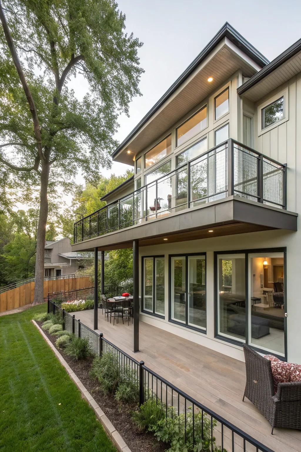 A stylish upper-level balcony on a split-level home, perfect for outdoor relaxation.