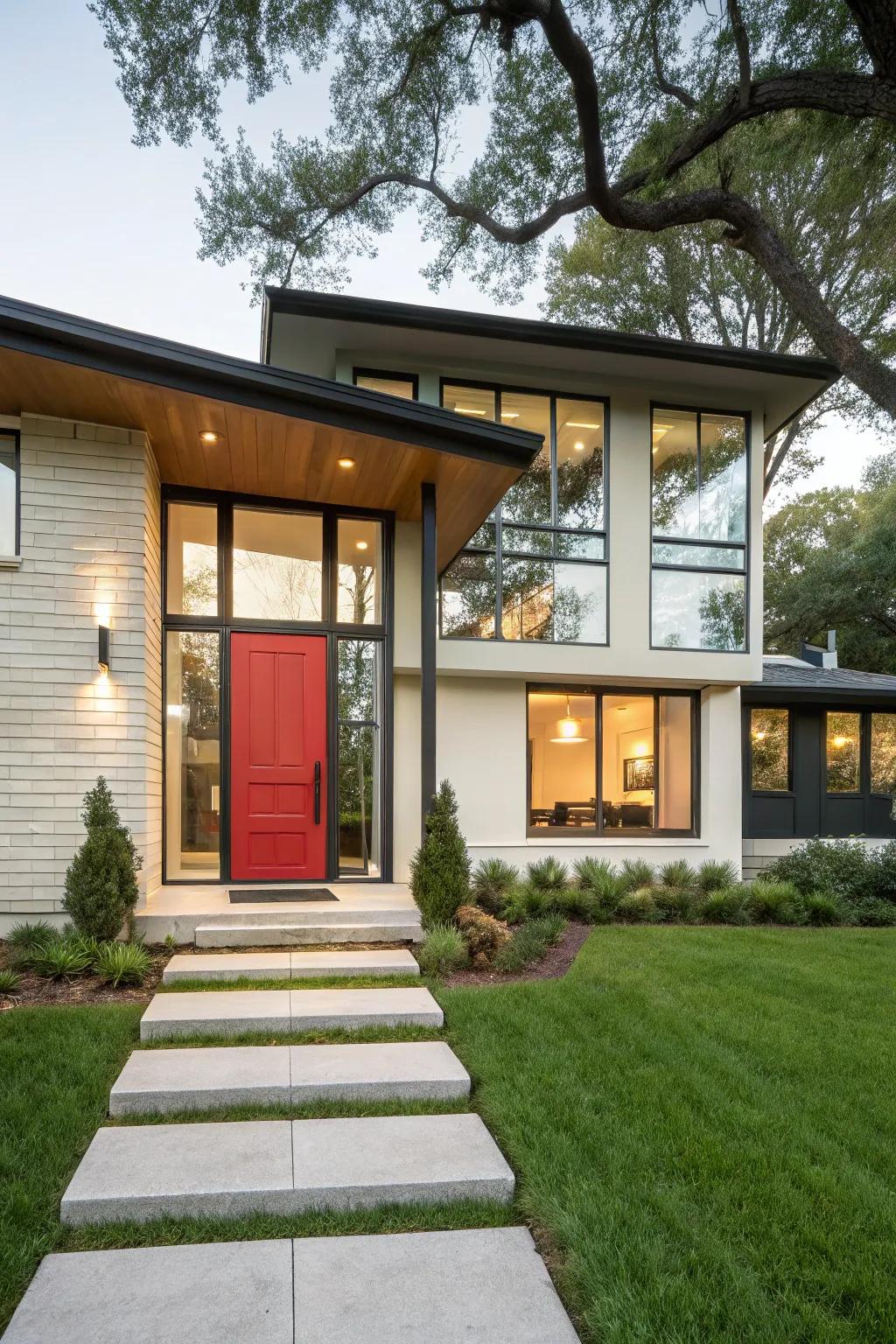 A striking modern entryway with a bold front door on a split-level home.