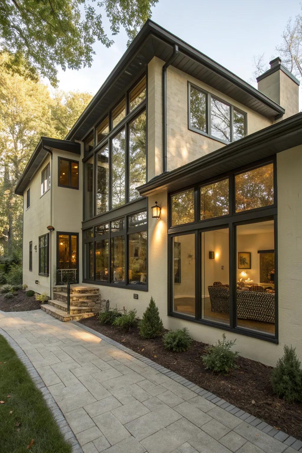 Spacious black-framed windows enhancing the exterior of a split-level home.