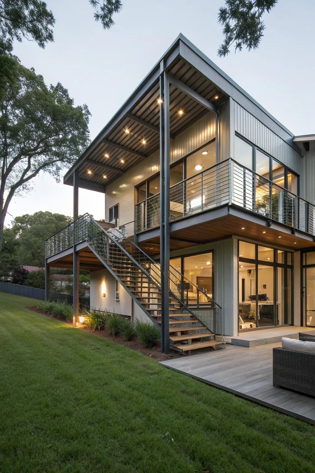 Modern metal accents adding an industrial touch to a split-level home.