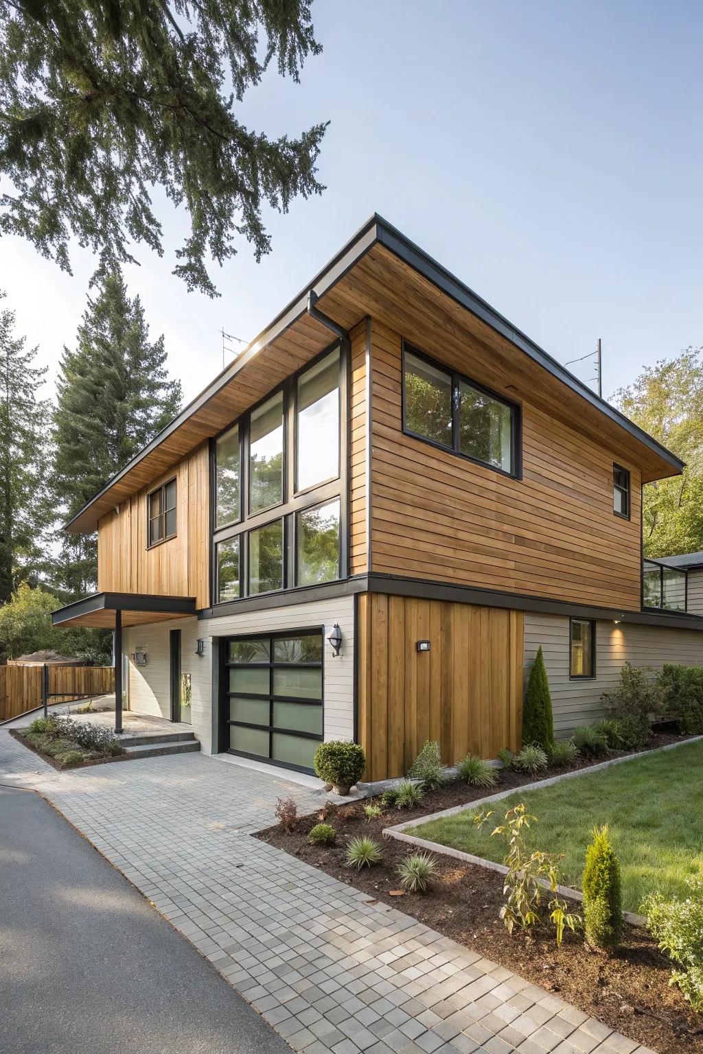 A split-level home featuring sleek cedar siding for a contemporary appeal.