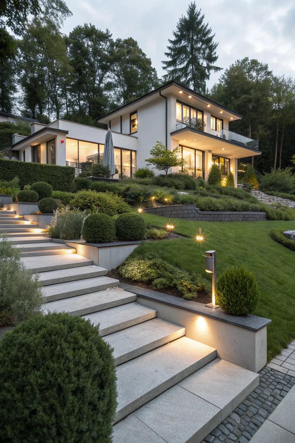 Beautiful, eco-friendly landscaping surrounding a modern split-level home.