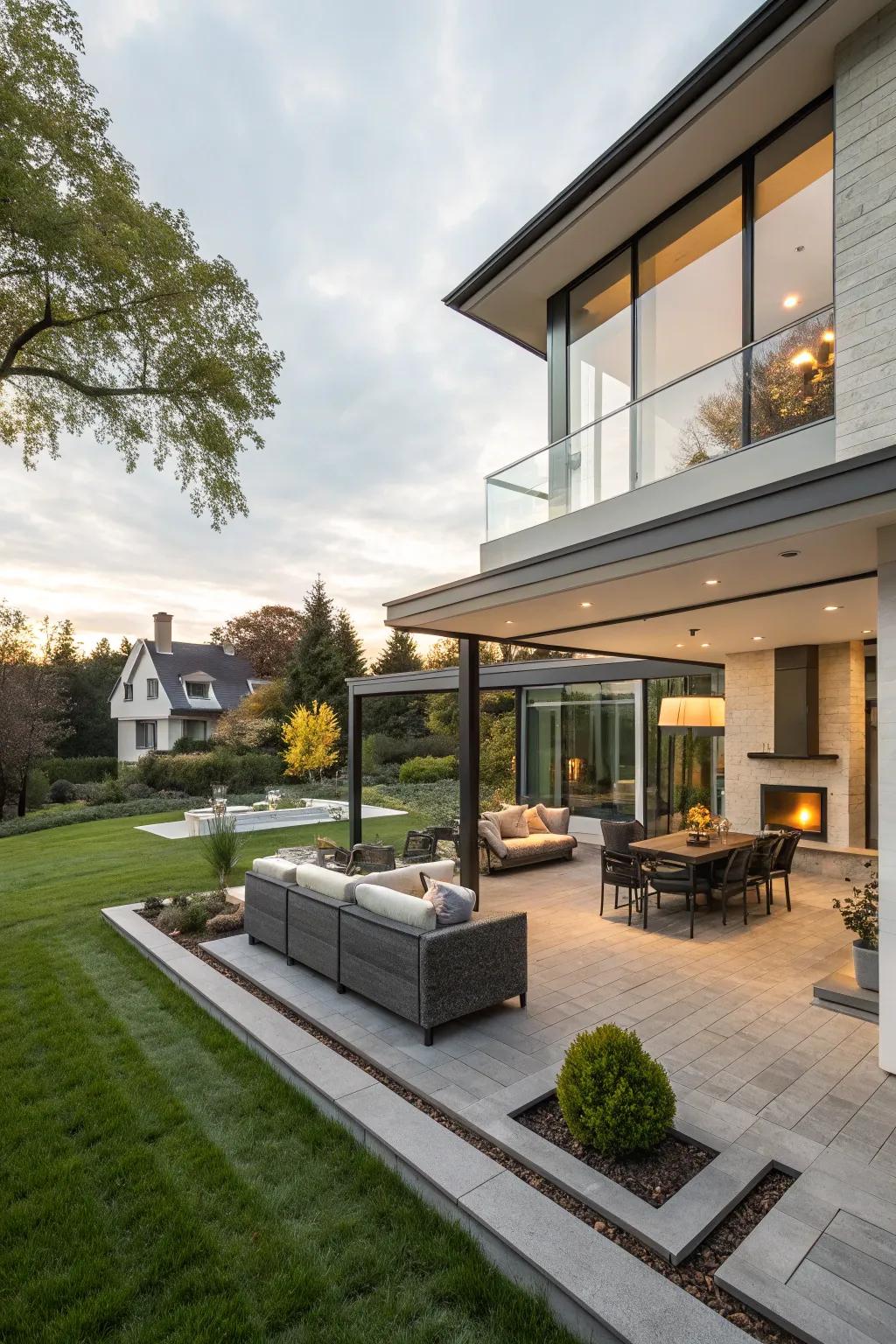 A cozy and stylish outdoor living area next to a split-level home.