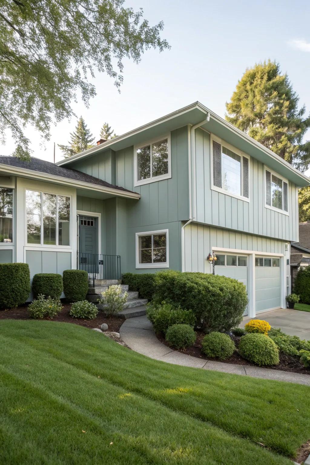 A split-level home rejuvenated with a modern, bold paint color.