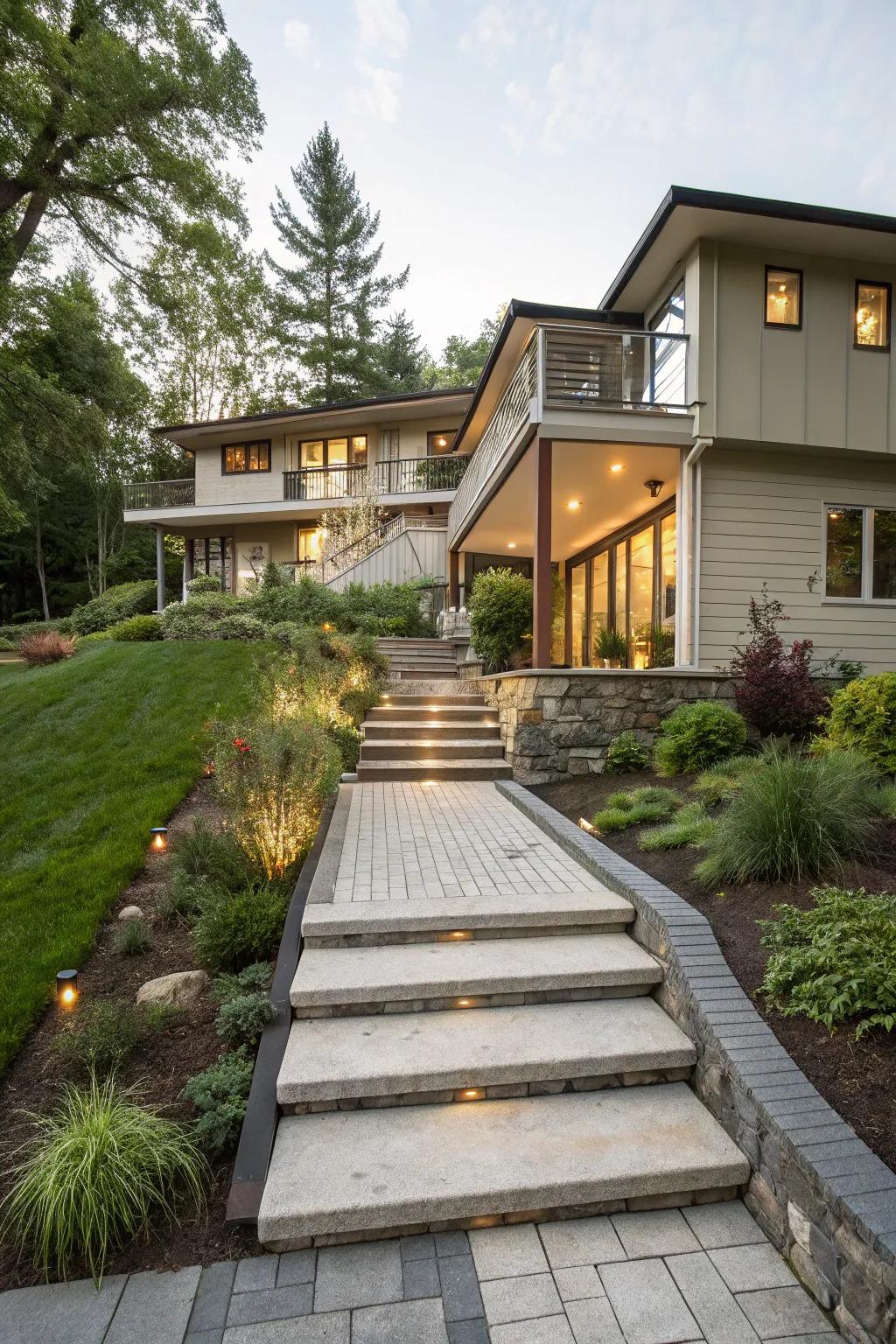 A creatively designed layered walkway leading to a split-level home.