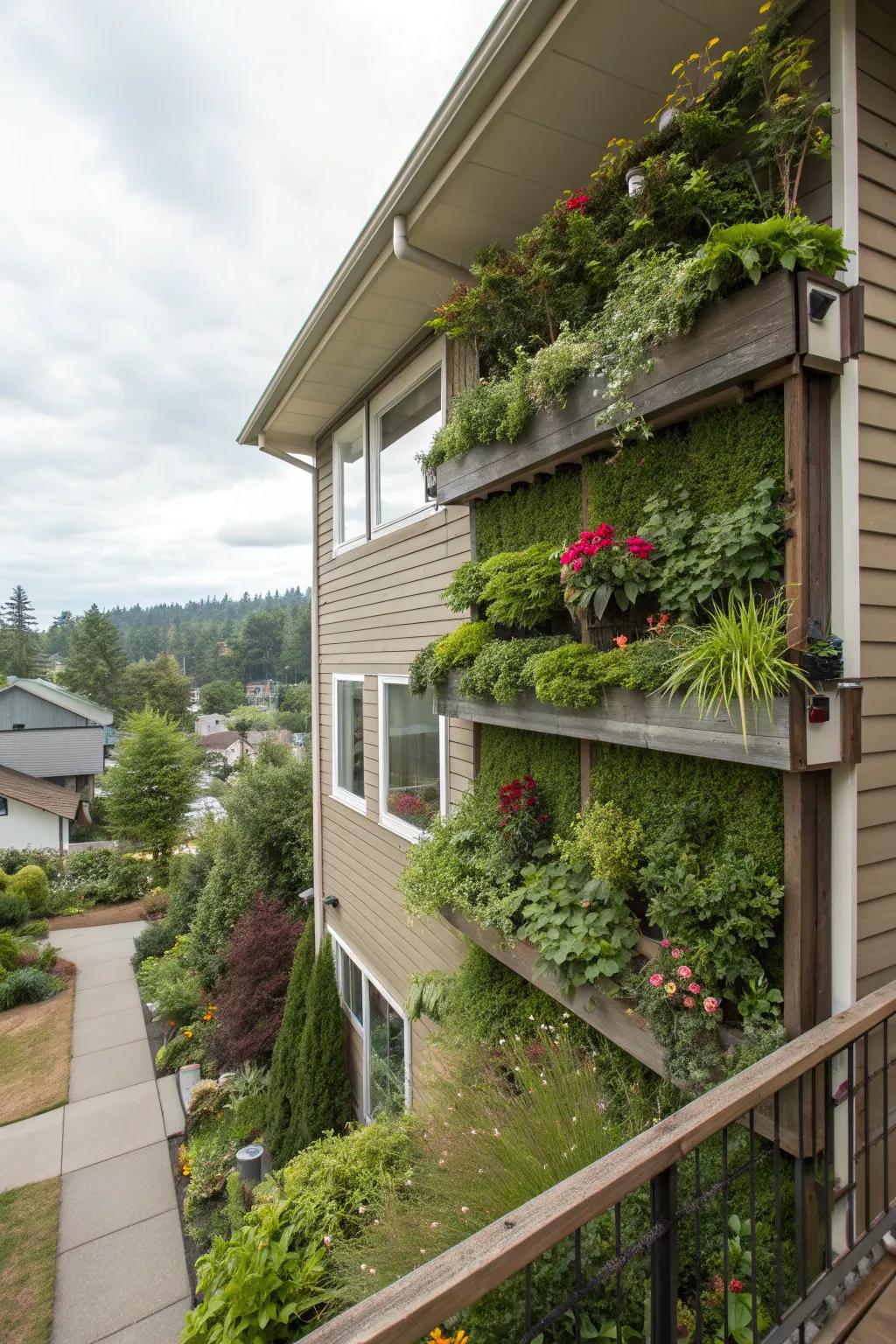 A vibrant vertical garden adorning a split-level home, adding natural beauty.