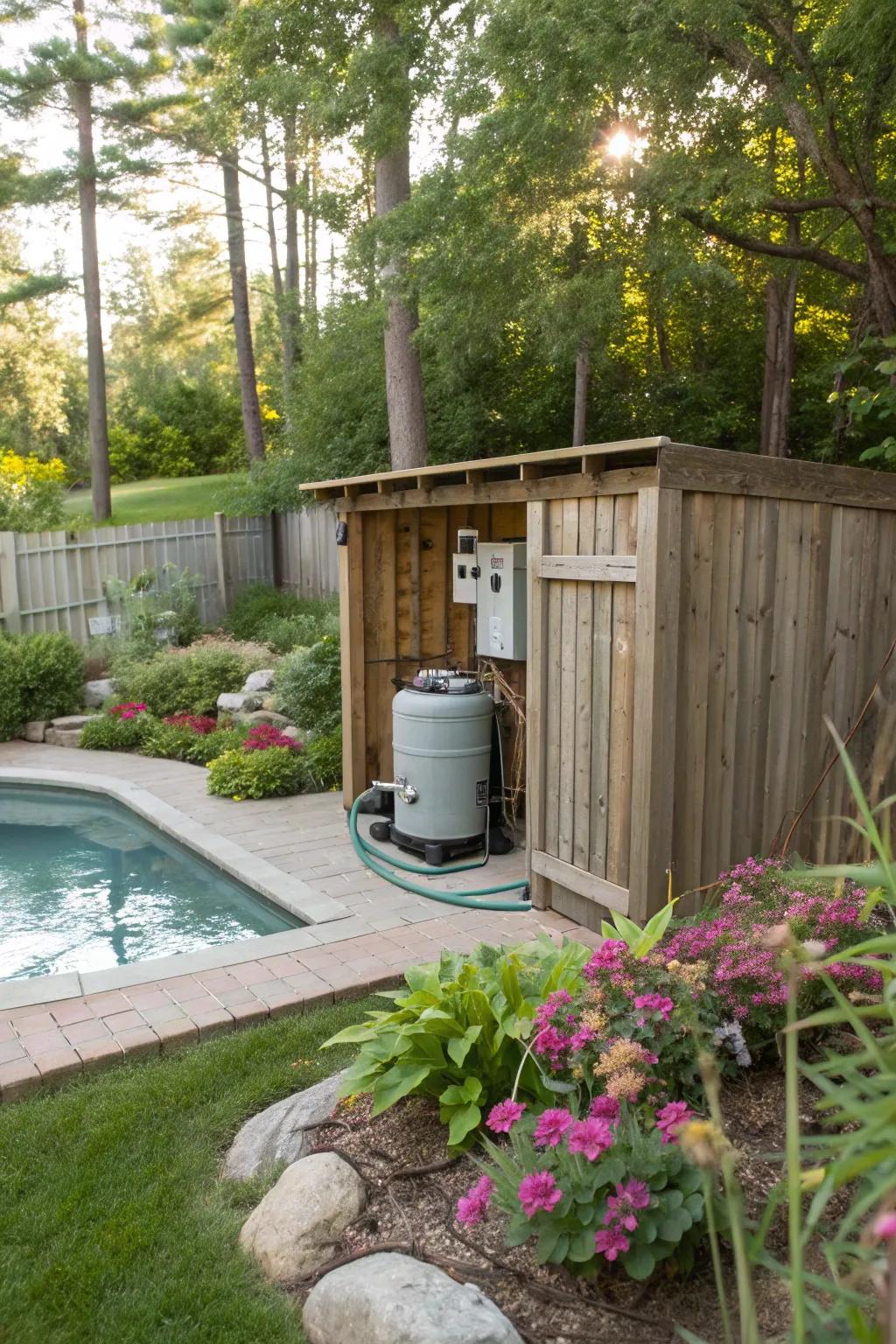 A wooden enclosure seamlessly blends into the backyard decor.
