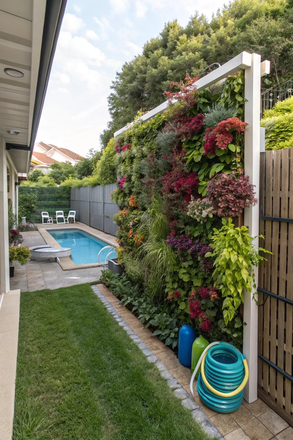 Vertical gardens add beauty and function in concealing equipment.