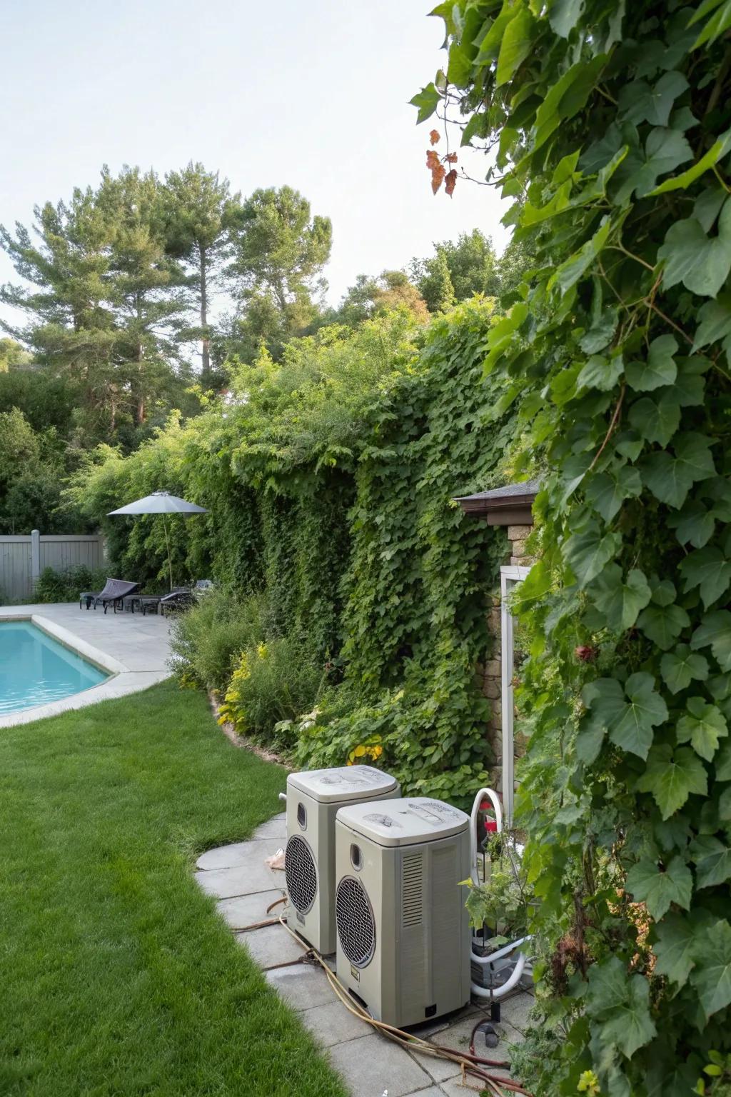Climbing plants offer a whimsical way to hide pool equipment.