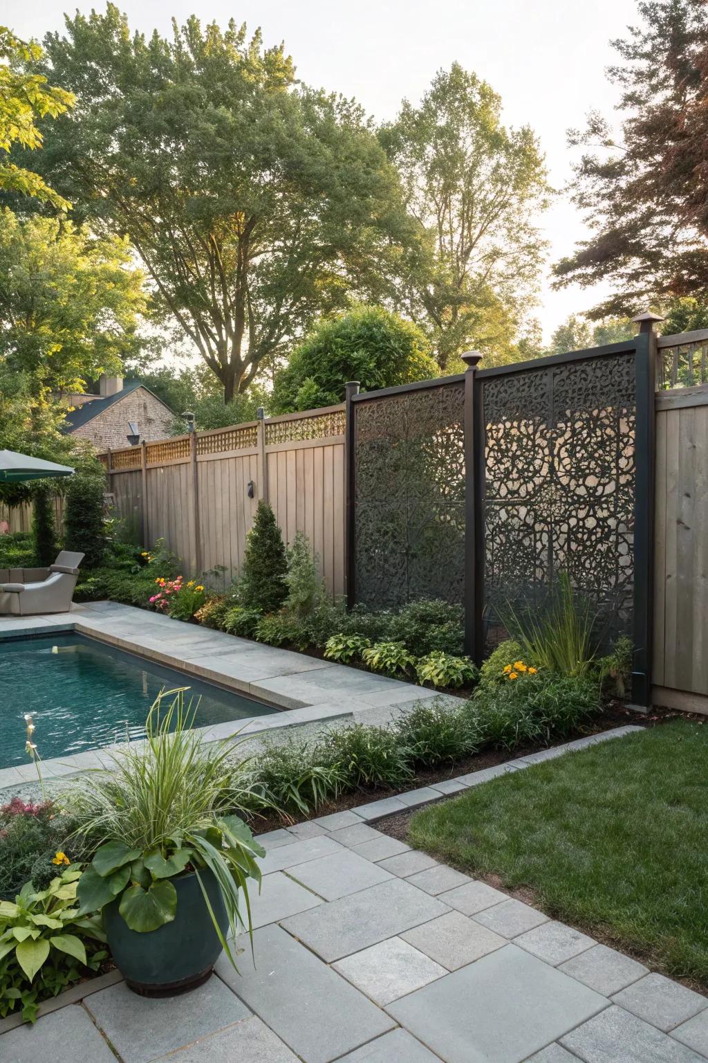 Privacy screens offer a stylish barrier for pool equipment.