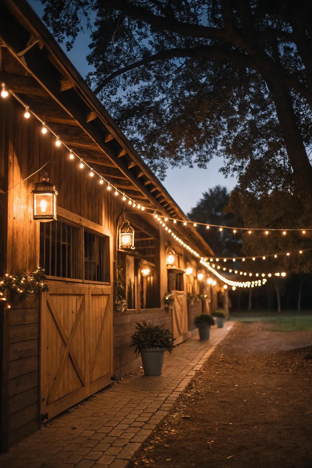 Enchanting lights casting a warm glow around the barn at night.