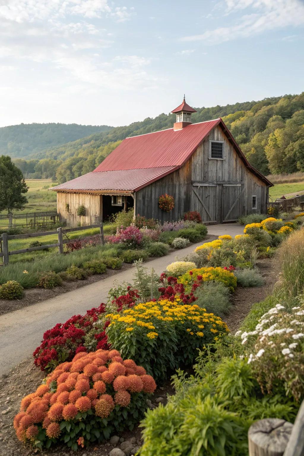 A garden designed to bloom in every season, keeping the barn's landscape lively.
