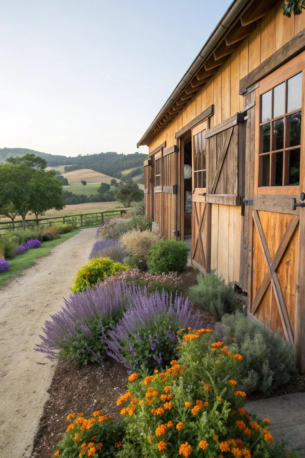 A lush landscape of safe, non-toxic plants surrounding the barn.
