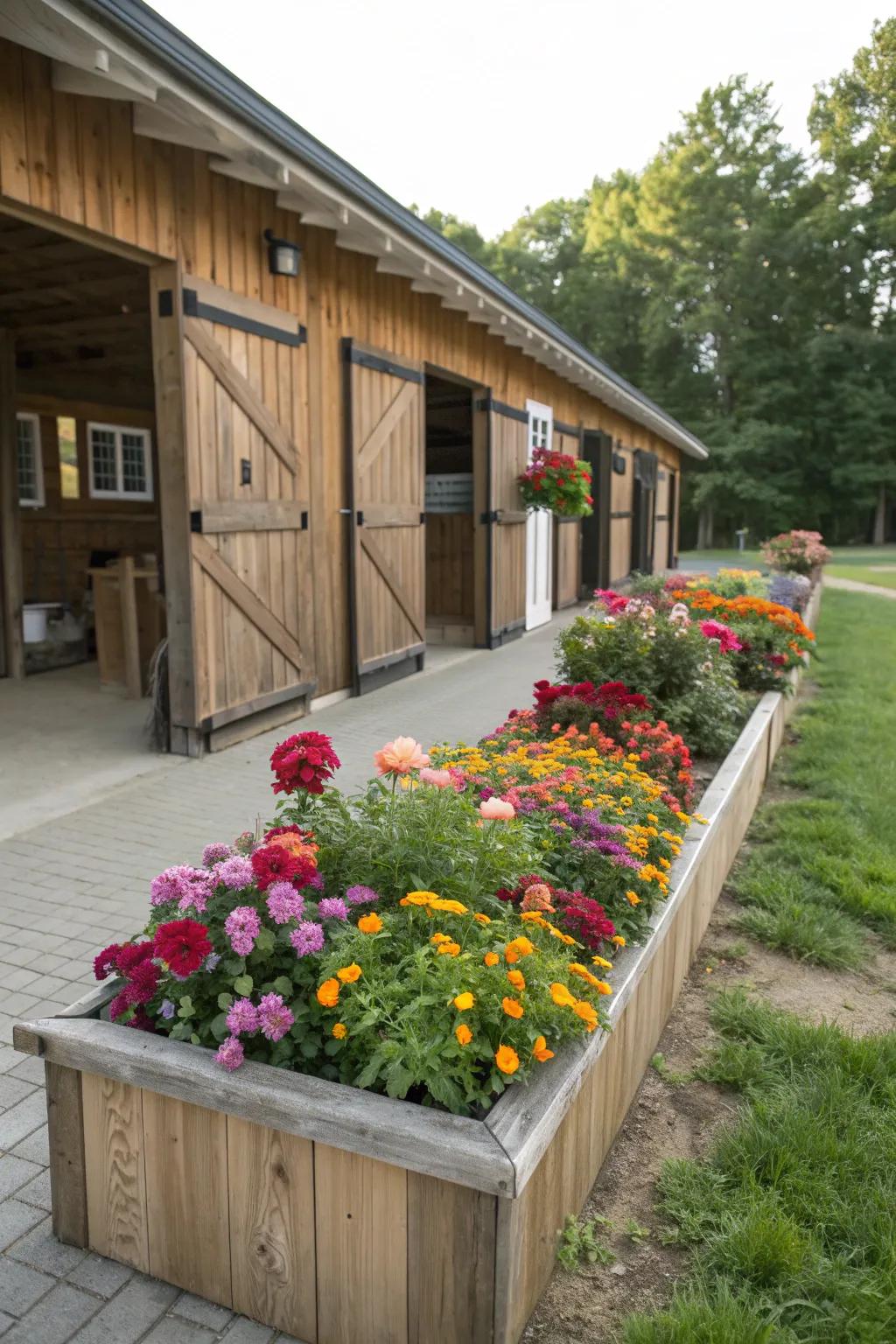 Vibrant raised flower beds bringing color and dimension to the barn area.